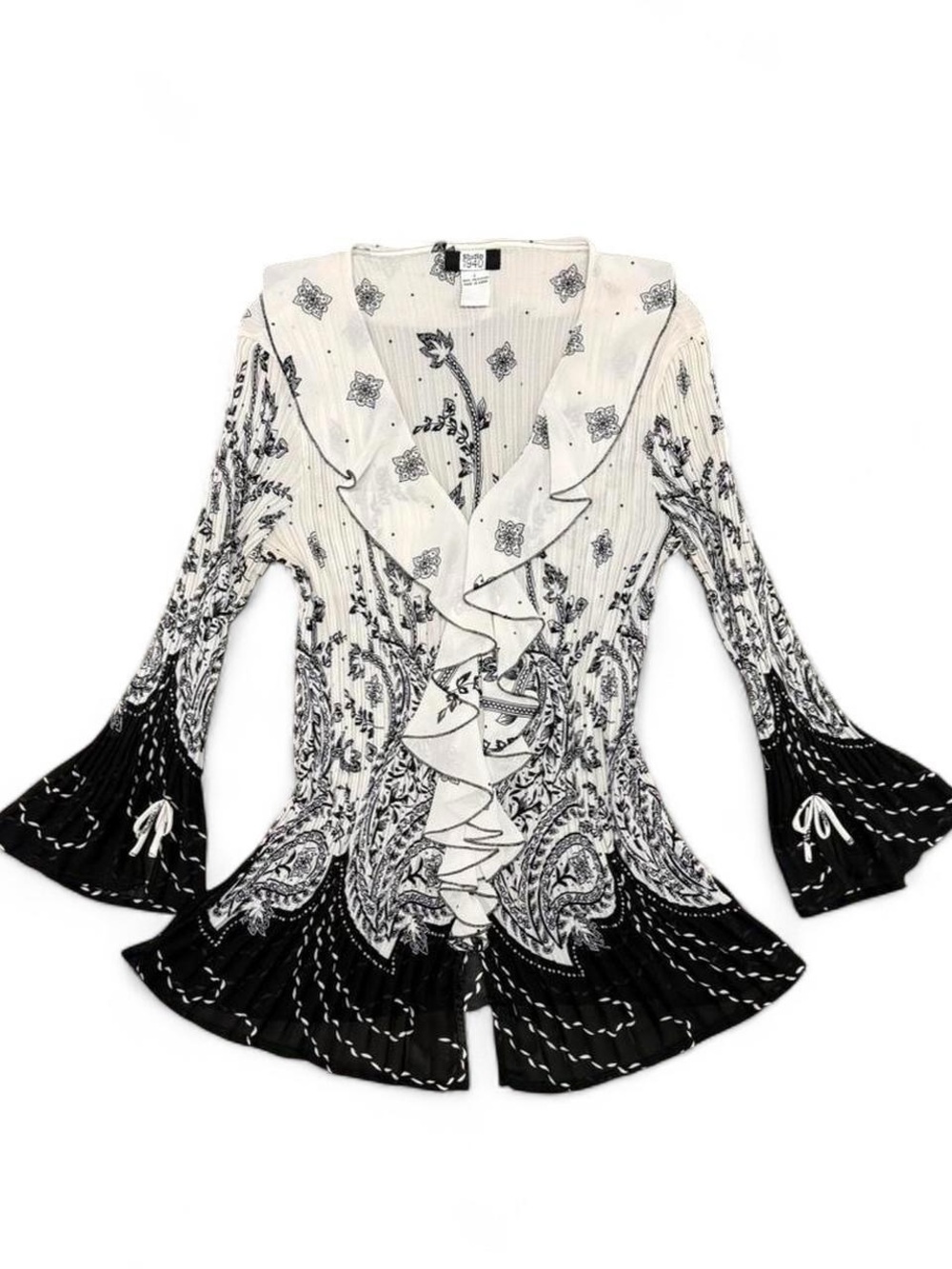 Studio 1940 Black & White Paisley Ruffle V-Neck Blouse